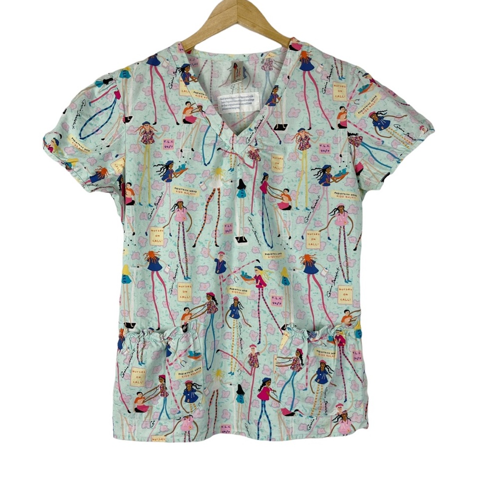White Cross Mint Green Scrub Top with Colorful Ballerina Print